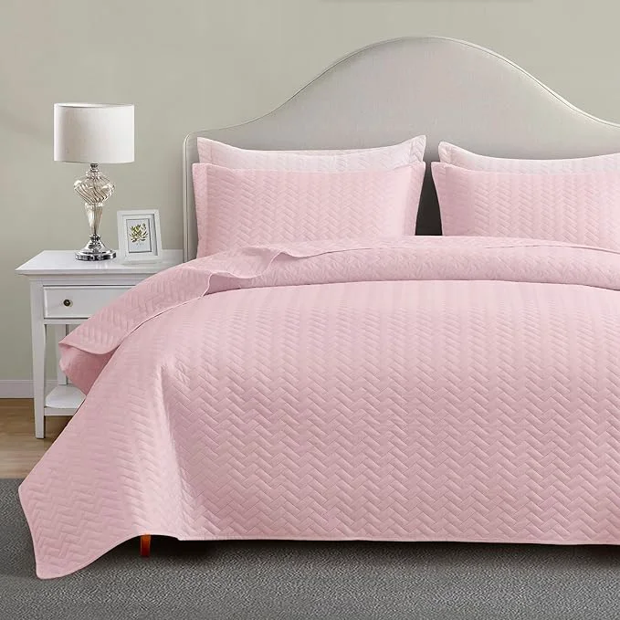 Elegant Maple amp Stone Quilt Set King Size Lightweight Pink Bedspread Ultrasonic Chevron Pattern Light Coverlet for All Season Comforter Bedding Decor - 3 Piece King Bed Cover Sets Trusted