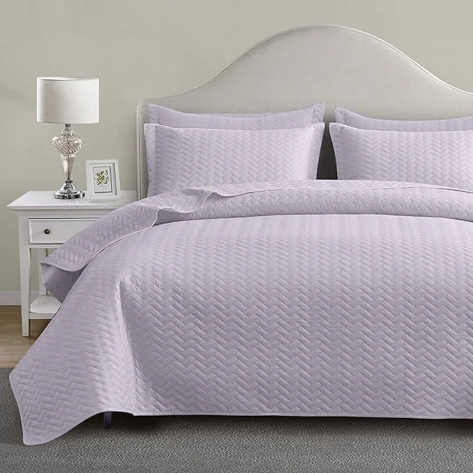Convenient Maple amp Stone Lilac Purple Quilt Set King Size Lightweight Bedspread Ultrasonic Chevron Pattern Light Coverlet for All Season Comforter Bedding Decor - 3 Piece King Bed Cover Sets Secure