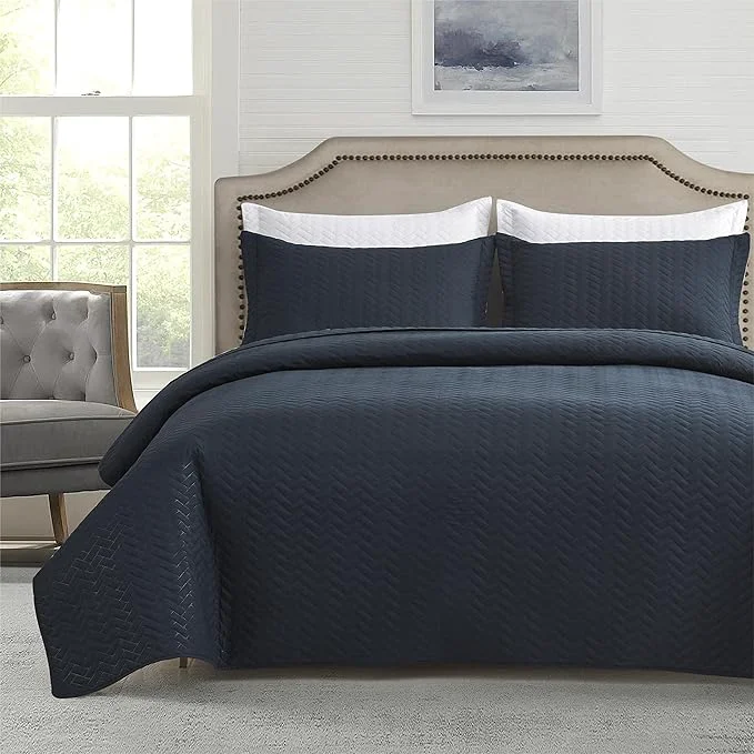 Detailed Maple amp Stone Quilt Set Queen Size Lightweight Navy Bedspread Ultrasonic Chevron Pattern Light Coverlet for All Season Comforter Bedding Decor - 3 Piece Full Bed Cover Sets Smooth