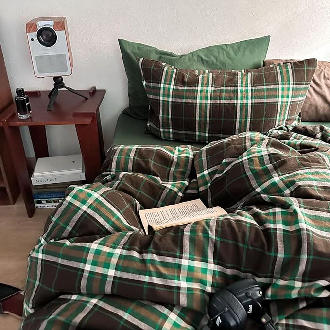 Relaxed LifeTB Vintage Buffalo Plaid Duvet Cover Queen Washed Cotton Brown amp Green Checked Duvet Cover Set Modern Plaid 3 Piece Grid Bedding Set Super Soft Breathable Comforter Cover with Zipper Closure