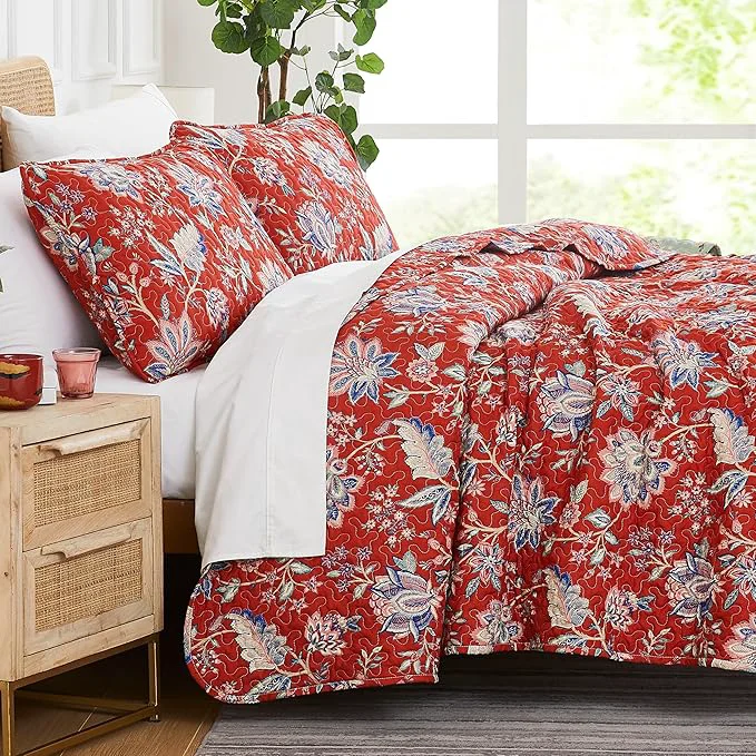 Responsible Southshore Fine Living Inc. Oversized Full Queen Quilt Bedding Set Jacobean Willow Floral Quilt Set Queen or Full Size with 2 Matching Pillow Shams Lightweight Bedspread Soft and Cozy Red Comfortable