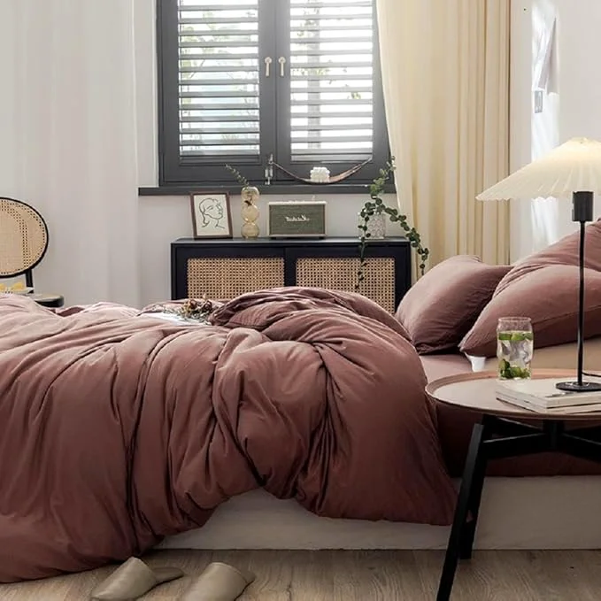 Elite LifeTB Brick Red Duvet Cover Queen Size Soft Jersey Knit Cotton Bedding Set Minimalist Clay Rust Red Comforter Cover 3 Pieces Solid Color Bedding Knitted Cotton Duvet Cover with 2 Pillowcases Elegant