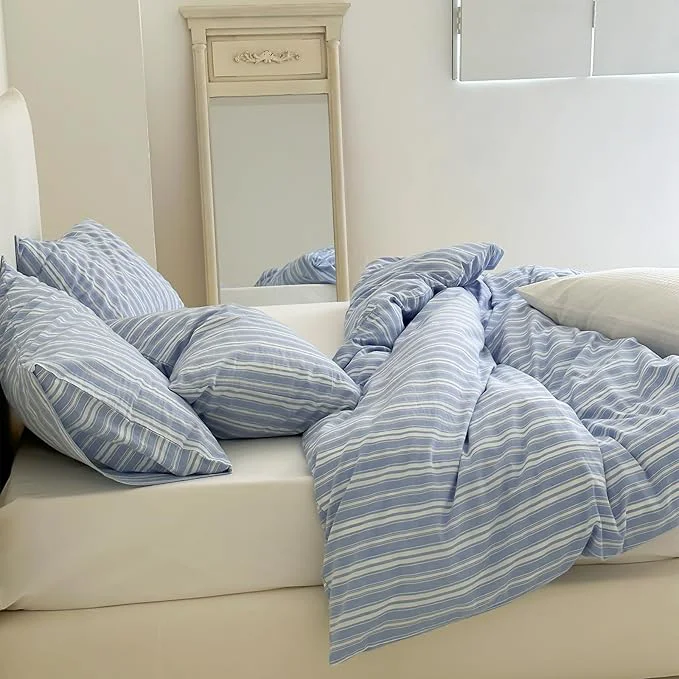 Contemporary LifeTB Blue Striped Duvet Cover Twin XL Washed Cotton Blue White Stripes Pattern Printed Bedding Set 3 Pieces Breathable Comforter Cover with 2 Pillowcases Soft Farmhouse Striped Bedding Set High-Performance