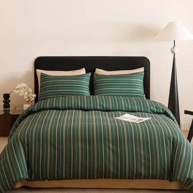 High-Grade CLOTHKNOW Green Striped Full Size Comforter Set Farmhouse Bedding Comforter Sets Hunter Green Comforter Boho Soft with 2 x Pillow Cases Specialty