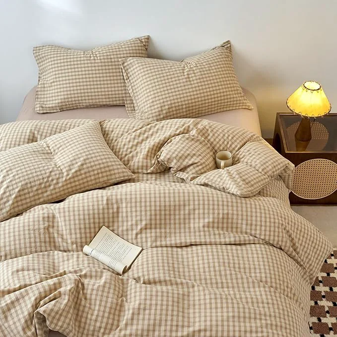 Excellent LifeTB Brown Gingham Duvet Cover Full Size Beige Tan Plaid Checkered Comforter Cover Washed Cotton Plaid Duvet Cover Grid Farmhouse Bedding Set Breathable Gingham Comforter Cover Full Practical