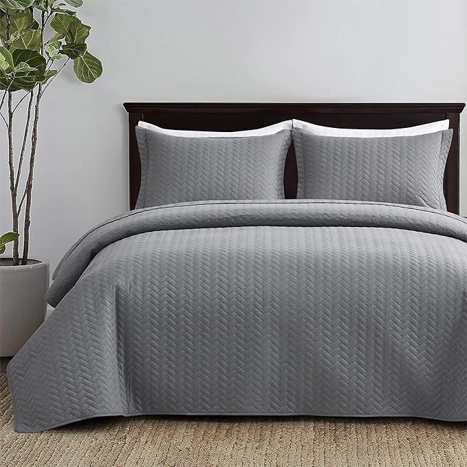 Convenient Maple amp Stone Quilt Set Oversized King Size 128 quot x120 quot Lightweight Grey Bedspread Ultrasonic Chevron Pattern Light Coverlet for All Season Comforter Bedding Decor - 3 Piece Bed Cover Sets Selected