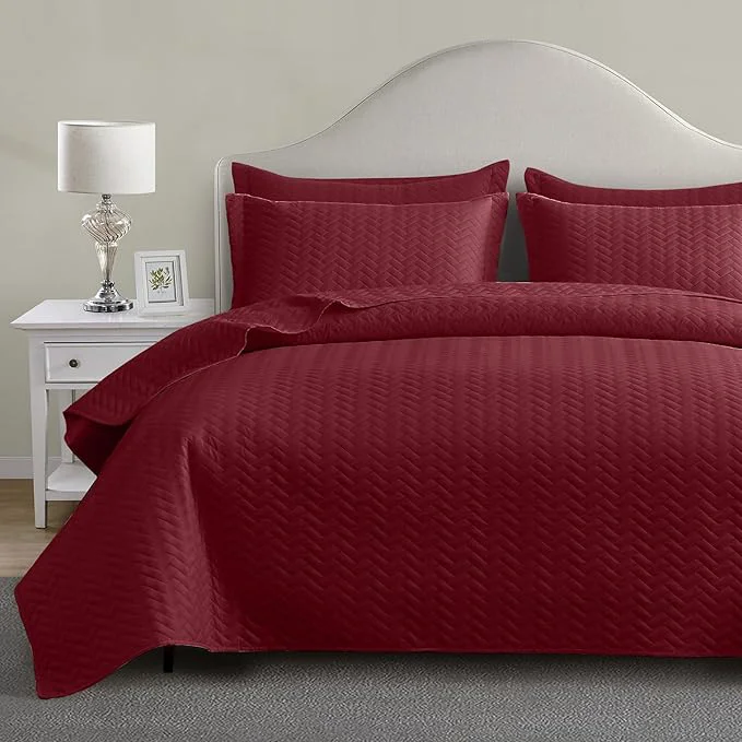 Comfortable Maple amp Stone Quilt Set Twin Size Burgundy Lightweight Bedspread Ultrasonic Chevron Pattern Light Coverlet for All Season Comforter Bedding Decor - 2 Piece Twin Bed Cover Sets Carefully Designed