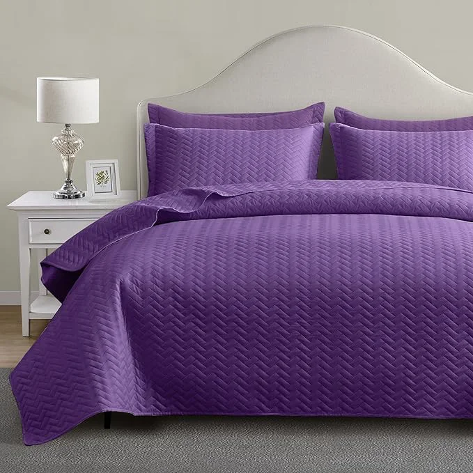 Detailed Maple amp Stone Quilt Set Twin Size Purple Lightweight Bedspread Ultrasonic Chevron Pattern Light Coverlet for All Season Comforter Bedding Decor - 2 Piece Twin Bed Cover Sets Responsible