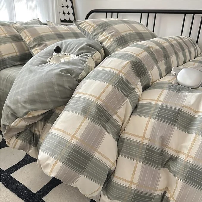 Fashionable Green Plaid Duvet Cover Queen Soft Cotton Grid Plaid Bedding Set 3 Pieces Checkered Gingham Comforter Cover for Men Boys Modern Bedding Set Simple Plaid Comforter Cover with Zipper Closure 4 Ties Secure