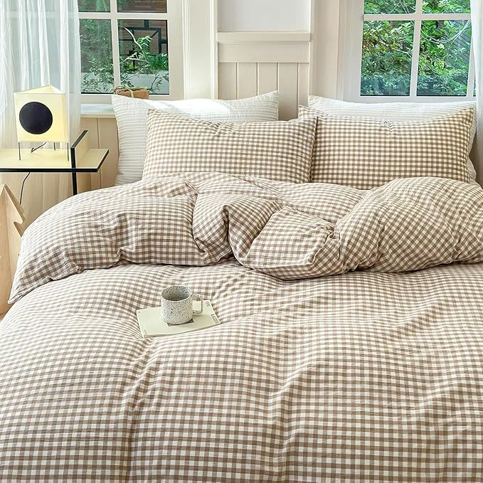 Elegant Tan Plaid Gingham Duvet Cover King 3 Pieces Checkered Grid Duvet Cover Washed Cotton Beige Plaid Comforter Cover with Zipper Closure 2 Pillowcases Luxury Soft Gingham Bedding Set Breathable Artisan