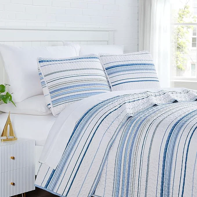 Original Design Southshore Fine Living Inc. Oversized Queen Quilt Set Striped Blue White Quilt Bedspread Queen Full 3-Piece Coastal Bedding Set with Lightweight Coverlet and Matching Quilted Shams Blue Stripes Optimized