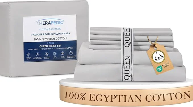 Official Therapedic Egyptian Cotton Queen 6-Piece Sheet Set – Naturally Cooling amp Breathable Sateen Preshrunk Garment Wash 16 quot Deep Pocket Fitted Sheet Bonus Pillowcases Soft amp Durable - Dove Trusted