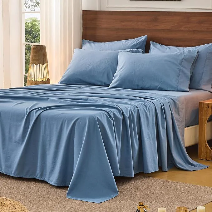 Luxury Bedlifes French Pure Linen Sheets King Size Breathable and Cooling Flax Sheet Set Soft Durable and Moisture Wicking 16 Inch Deep Pocket-4 Piece King Flint Blue Certified