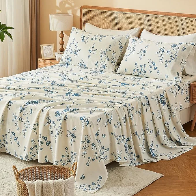 Solid Bedlifes French Linen Sheets Queen Size – Floral Printed Botanical Pattern Breathable Cooling Sheet Set 16 quot Deep Pocket 4-Piece Queen Floral Blue Exceptional