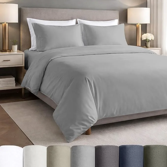 California Design Den Deep Pocket Full Size Sheets Set - Egyptian Cotton Percale Sheets Lightweight Crisp Durable Luxury Bedding Set - Light Grey Soft
