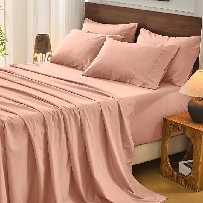 Healthy Bedlifes French Flax Linen Sheets Set California King Size-6 Piece Extra Deep Pocket 18-24 quot Soft Breathable Cal King Bed Sheets with Temperature Regulating amp Moisture-Wicking Blush Pink Prestigious