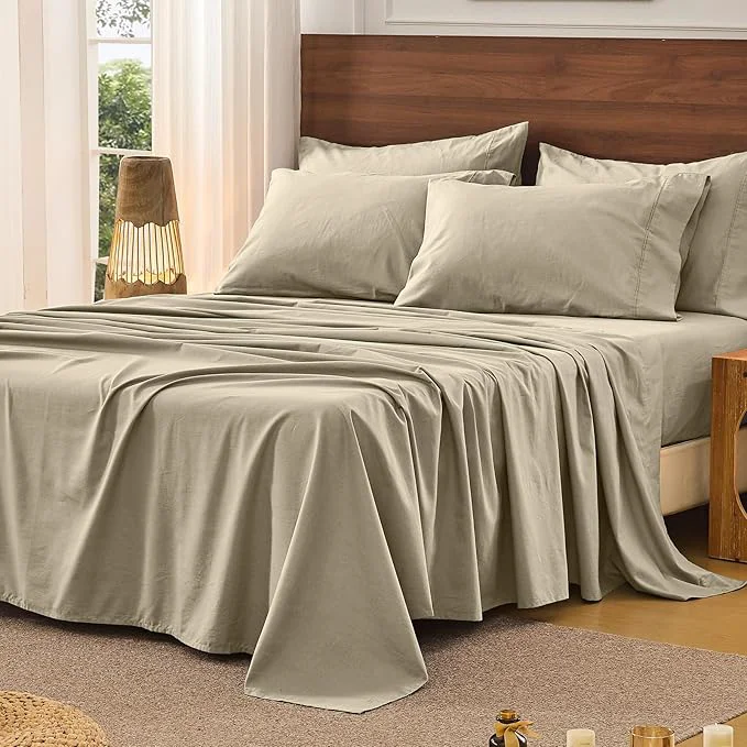 Minimalist Bedlifes French Pure Linen Sheets King Size Breathable and Cooling Flax Sheet Set Soft Durable and Moisture Wicking 16 Inch Deep Pocket-4 Piece King Taupe Easy-to-Use