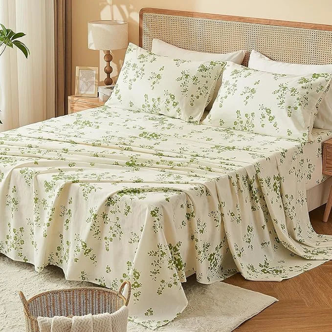 Next-Generation Bedlifes French Linen Sheets King Size – Floral Printed Botanical Pattern Breathable Cooling Sheet Set 16 quot Deep Pocket 4-Piece King Floral Green World-Class