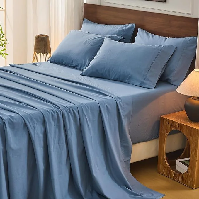 Reusable Bedlifes French Flax Linen Sheets Set King Size - 6 Piece Extra Deep Pocket 18-24 quot Soft Breathable King Bed Sheets with Temperature Regulating amp Moisture-Wicking Flint Blue Verified