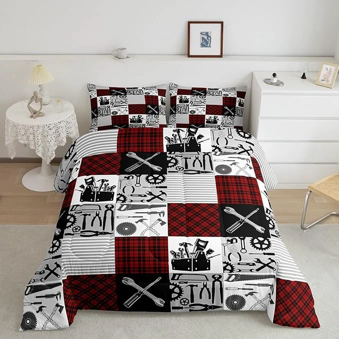 Smart Kids Boys Car Bedding Set Full Size Farmhouse Gingham Check Comforter Wrench Repair Outfit Comforter Set Red Black Duvet Set 3Pcs Quilt Set 1 Comforter Set with 2 Pillowcase Breathable