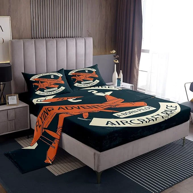 Smooth Retro Aircraft Sheets Set King Vintage Airplane Orange Painting Decor Bedding Set for Youth Women Bedroom Flying Adventure Helicopter Bed Set with Deep Pocket Fitted Sheet with 2 Pillow Case Stylish