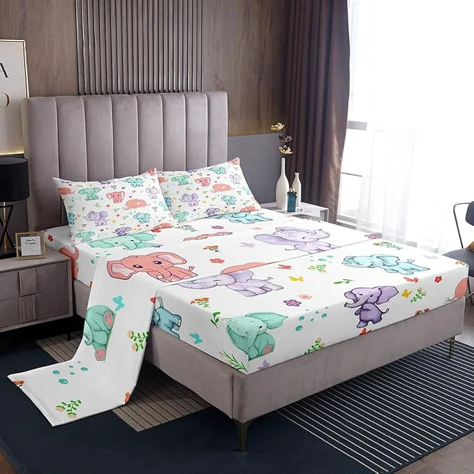 High-Performance Cartoon Elephant Bed Sheet Set 4 Piece Watercolor Flowers Leaves Butterfly Sheets Full Size Sheets Set Cute Wild Animal Elephants Microfiber Bedding Set with Flat Fitted Sheet 2 Pillow Cases Official
