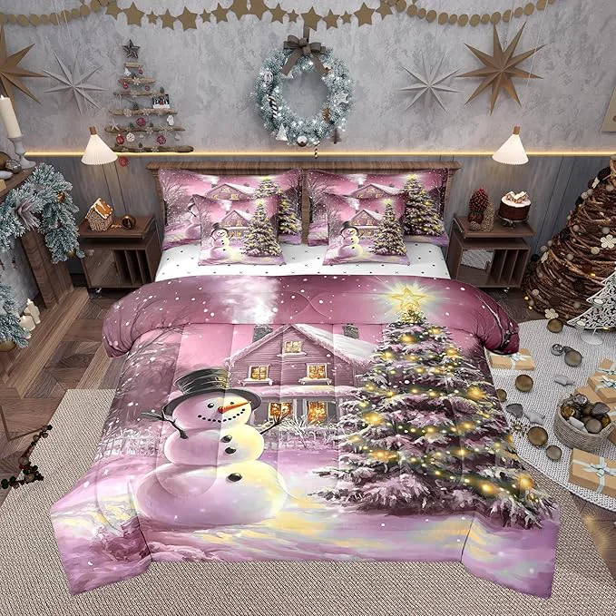 Superior Castle Fairy Cute Xmas Snowman 7 Pieces Bedding Set Full Bed in a Bag Rustic Farmhouse Cabin Outdoor Christmas Tree Comforter Set Happy New Year Soft Warm Microfiber Bedding Consistent