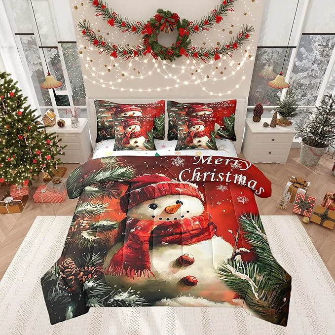 Enhanced Winter Snowman Comforter Set 7 Pieces Merry Christmas Trees Flowers Bed Set Happy New Year Bedding Bed in a Bag Soft King 1 Comforter 2 Pillowcase 2 Pillow Covers 1 Flat Sheet 1 Fitted Sheet Premium