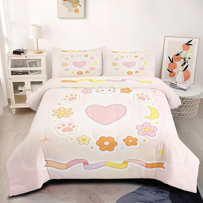 Breathable Pink Cartoon Cat Heart Bedding Set for Girls Kids Full Size 3-Piece Yellow Star Bed Set for Girls Room Decor with Comforter 79 quot x 90 quot and 2 Pillowcases for All Season Safe