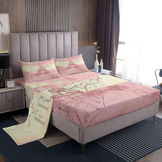 Green Eiffel Tower Bed Sheets Set Retro Paris Style Fitted Sheet Vintage Cityscape Bedding Set for Bedroom Decor Girls Women Landmark Sheet King Flat Sheet amp Fitted Sheet with 2 Pillow Case Smooth