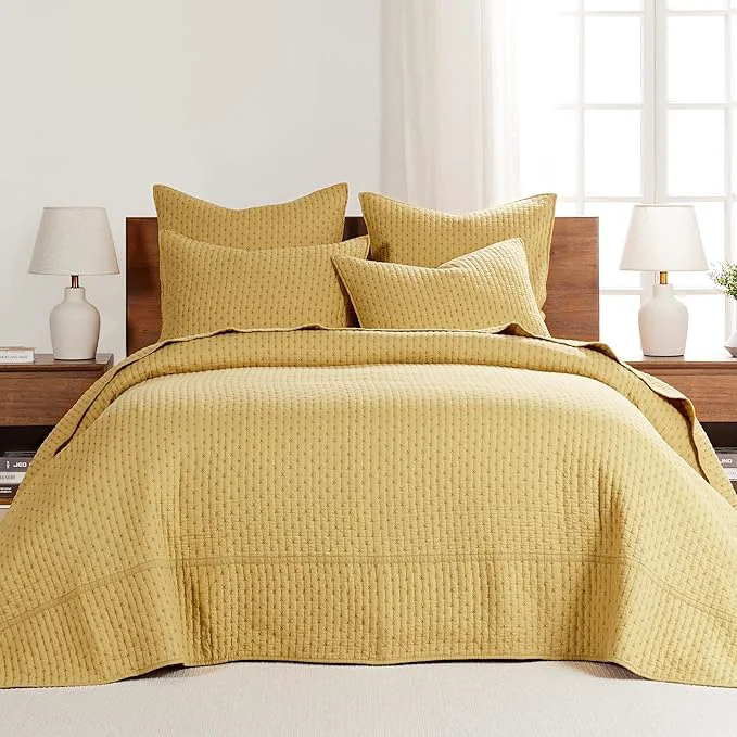 Healthy Levtex Home Cross Stitch Reversible Twin Bedspread Set 84x104in with 1 Pillow Sham 26x20in - Stitch Texture - Ochre - Cotton Twin Size Bedspread Set - Lightweight Soft Pre-Washed Long-Lasting