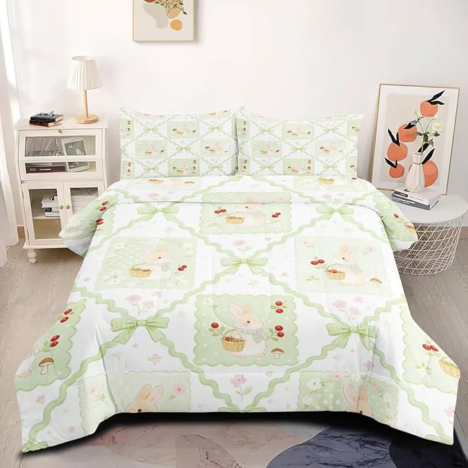 Exceptional Gingham Cherry Bedding Set for Girls Twin Size 2 Pieces Green Bunny Animal Printed Comforter Set Microfiber Includes 1 Comforter 68 quot x 90 quot and 1 Pillowcase Exclusive