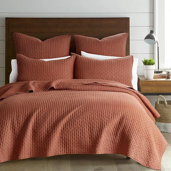 Expertly Made Levtex Home Cross Stitch Reversible Full Queen Quilt Set 88x92in with 2 Pillow Shams 26x20in - Stitch Texture - Adobe - Cotton Full Queen Size Quilt Bedding Set - Lightweight Soft Pre-Washed Healthy