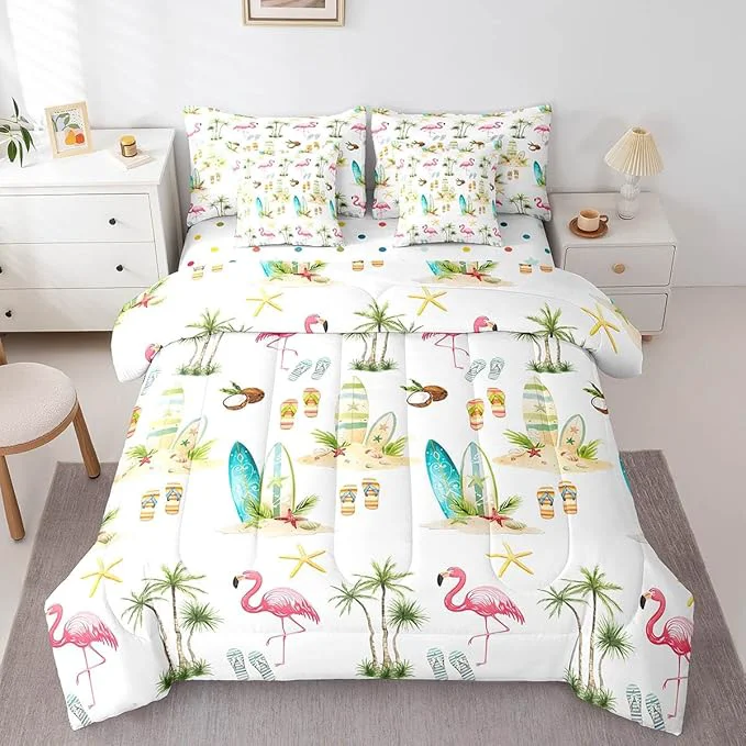 Genuine Summer Seaside Beach Reversible 7 Pieces Comforter Set Tropical Coconut Tree Bed Sheet Set for Kids Teens Boys Hawaiian Flamingo Surfboard Bedding Set with Comforter Fitted amp Flat Sheet Queen Fast