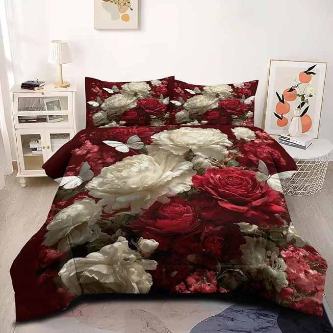 Secure 3Pcs Full Size Victorian Red White Comforter Set for Women Vintage Botanical Flowers Bedding Sets for Women Room Decor 1 White Butterfly Comforter 79 quot x 90 quot and 2 Pillowcases All Season Healthy