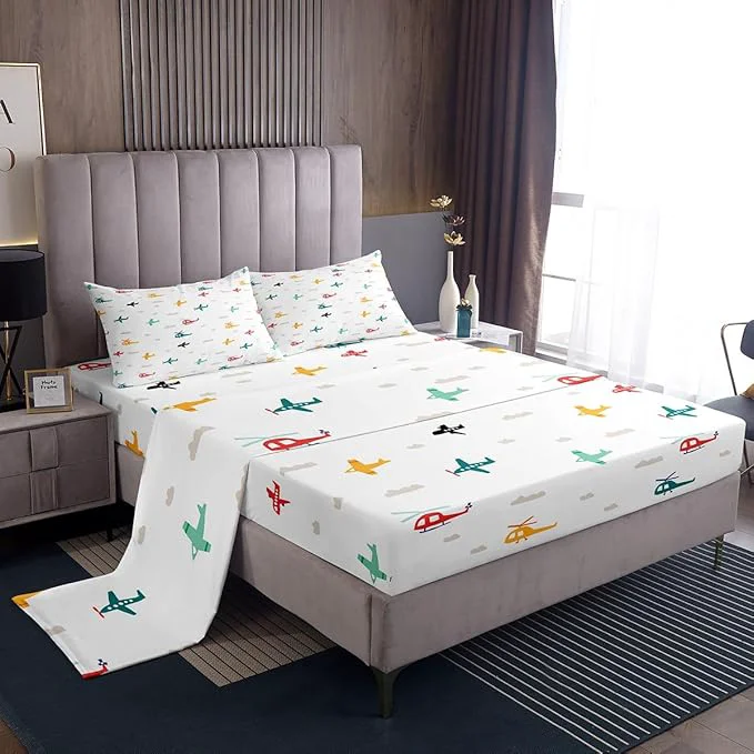 Official Kids Aircraft Bed Sheets Set Watercolor Transportation Vehicles Fitted Sheet Boys Airplanes Bedding Bedroom Decor Colorful Helicopter Sheets Full Flat Sheet amp Fitted Sheet with 2 Pillow Case Breathable