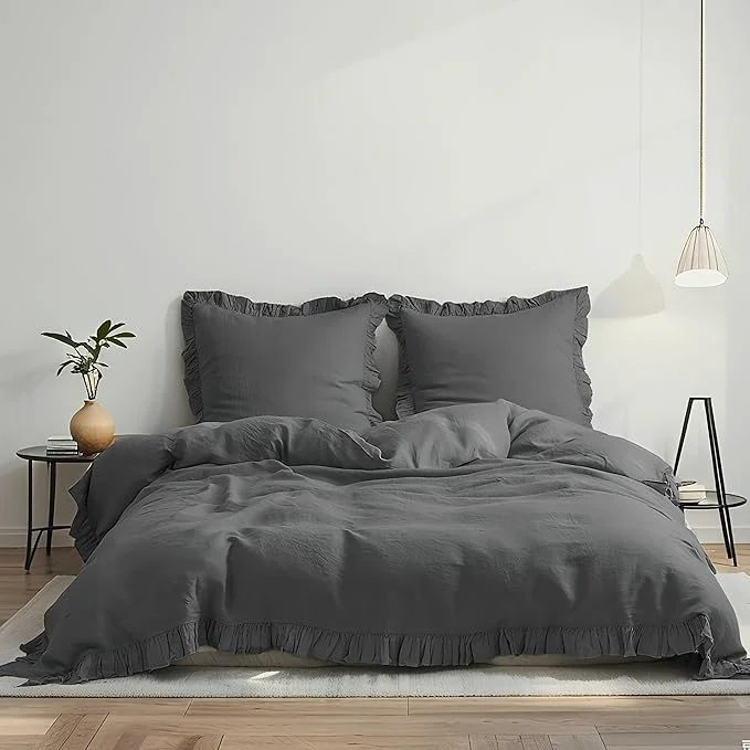 Effective Simple amp Opulence Linen Duvet Cover Set 3 PCS Natural French Flax Dark Grey Ruffle Duvet Cover Queen Size Breathable Comfy Linen Bedding Comforter Cover with 2 Pillowcases Dark Grey 88 quot X 92 quot Superior