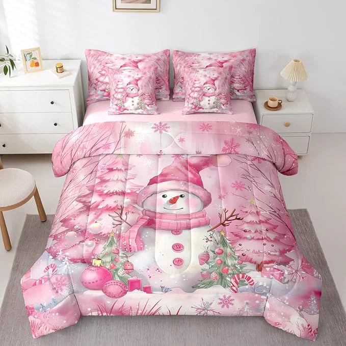 Smart Kawaii Snowman 7 Pieces Comforter Sets Queen Dreamy Pink Christmas Trees Bedding Set for Kids Girls Bedroom Decor Cute Winter Snowflake Bed in a Bag with Comforter Sheets and Pillow Cases Authentic
