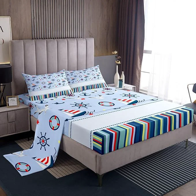 Relaxed Nautical Anchor Bed Sheets Set Ocean Fish Seagull Blue Fitted Sheet Outdoor Adventure Bedding Set for Bedroom Decor Red Blue Stripes Sheet King Flat Sheet amp Fitted Sheet with 2 Pillow Case Effective