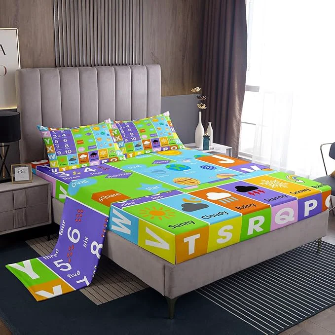 Exceptional Castle Fairy Alphabet Bed Sheet Set Twin Size Educational Weather Planets Number Sheet Set Kids Teens Watercolor Patchwork Bedding Decor Set with 1 Flat amp 1 Fitted Sheet with 1 Pillow Sham Versatile