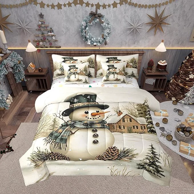 Safe Winter Farmhouse Style Comforter Set Bed in a Bag 7 Pieces Full Cartoon 3D Snowman Rustic Pinecone Bedding Set Merry Christmas Comforter Fitted Flat Sheet 2 Pillowcases 2 Throw Pillow Covers Superior