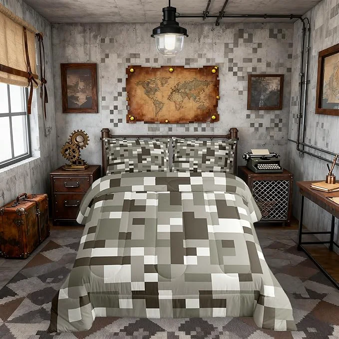 Environmentally Friendly Miners Pixel CheckedComforter Set King Size Cartoon Gamepad Video Games Kids Bedding Set Geometric Grid Patchwork Quilt Comforter Gray White Duvet Insert 2 Pillowcases Professional