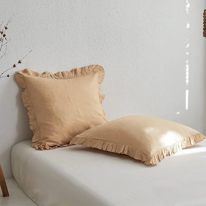 Proven Simple amp Opulence Linen Euro Sham Covers with Ruffle 26x26 Inch Pillow Covers Set of 2 Euro Pillow Shams for Bed Couch French Home Decor Luxury and Breathable Square Pillow Cases Sand Relaxed