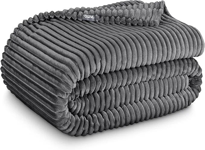 Durable Bare Home Textured Fleece Blanket - Throw Travel - Ultra-Soft Lightweight for Bed Sofa and Couch - Luxury Microplush - Cozy Warm Blanket Throw Ribbed Grey Original Design