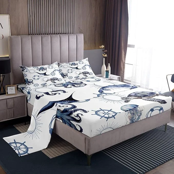 Easy-to-Use Castle Fairy Sea Turtle Bed Sheet Set Twin Size Octopus Jellyfish Ocean Life Sheet Set Kids Teens Nautical Style Sea Animals Bedding Decor Set with 1 Flat amp 1 Fitted Sheet with 1 Pillow Sham Professional