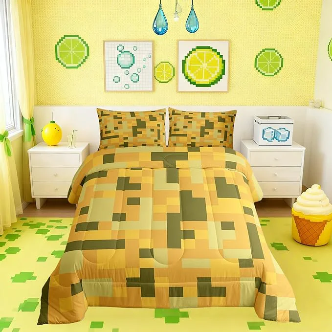 Classic Pixelated Blocks MinersComforter Set King Size Video Games Cartoon Gamepad Kids Bedding Set Army Camouflage Game Quilt Comforter Yellow Green Duvet Insert 2 Pillowcases Functional