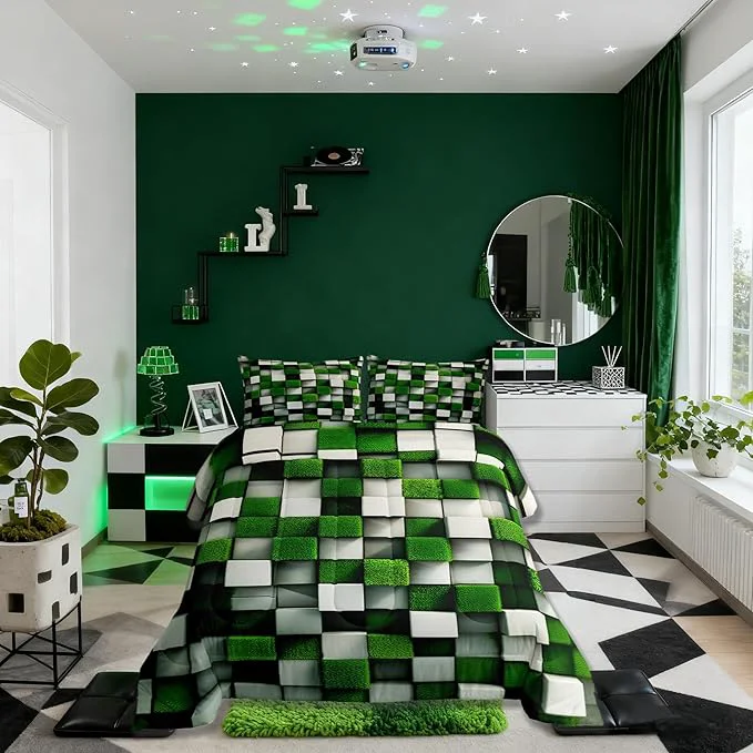 Fine Pixelated Miners Game Kid Comforter Set Queen Size Video Games Cartoon Gamepad Bedding Set Boy Room Decor Modern Geometric Check Quilt Comforter Green White Duvet Set Bedroom Quilt Set 2 Pillowcases Top-Quality