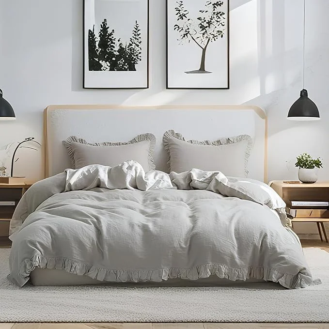 Comfortable Simple amp Opulence Linen Duvet Cover Set 3 PCS Natural French Flax Light Grey Ruffle Duvet Cover Full Size Breathable Comfy Linen Bedding Comforter Cover with 2 Pillowcases Light Grey 78 quot X 86 quot Functional