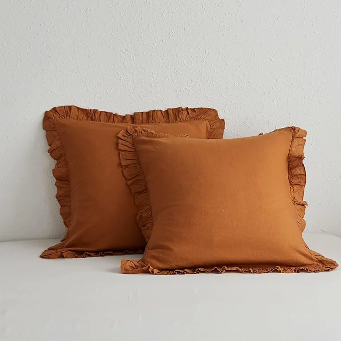 Specialty Simple amp Opulence Linen Euro Sham Covers with Ruffle 26x26 Inch Pillow Covers Set of 2 Euro Pillow Shams for Bed Couch French Home Decor Luxury and Breathable Square Pillow Cases Rust High-End