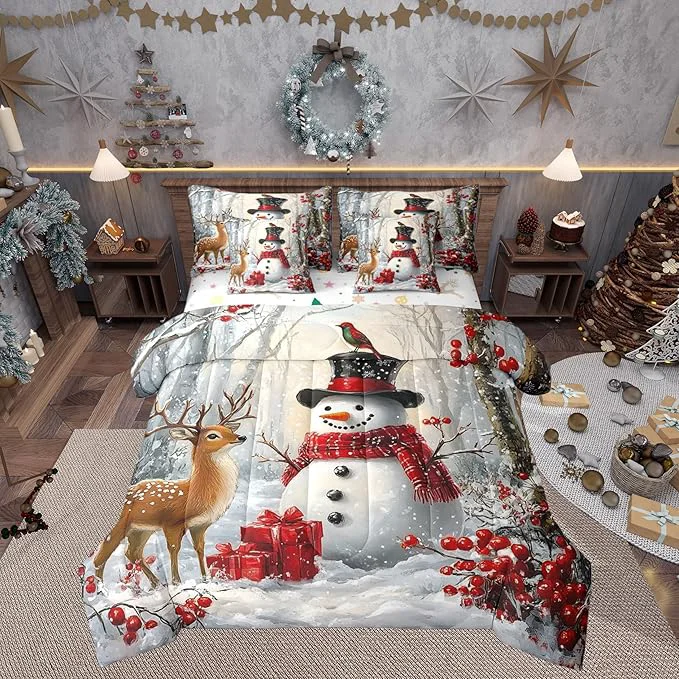Fashionable Castle Fairy Winter Snowman Comforter Set King Size 7 Pcs Merry Christmas Theme Bedding Set for Girls Teens Bedroom Decor Wild Breds Trees Deer Bed in a Bag with Comforter Sheets and Pillow Cases Reliable